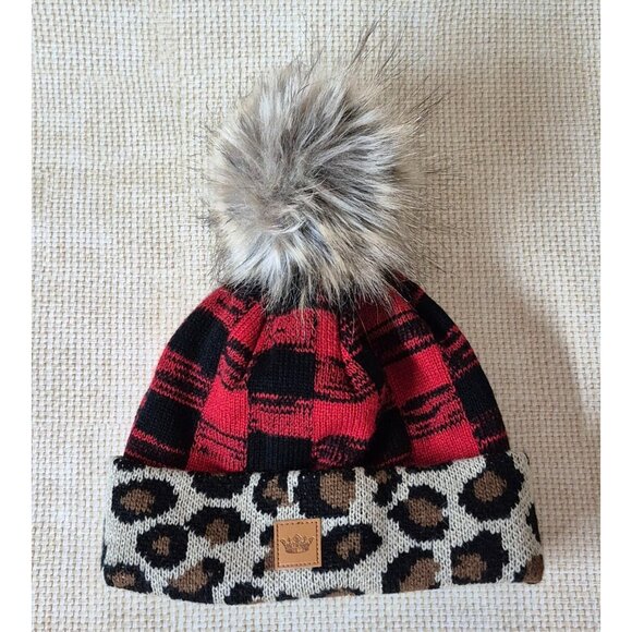 Panache Ladies Faux Fur Pom Red Buffalo Plaid Knit Beanie One Size Animal Print - Picture 5 of 8